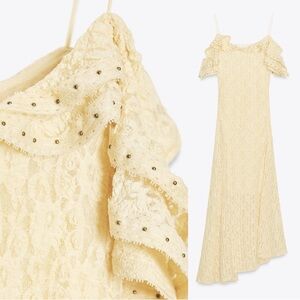 Zara Studded Yellow Lace Dress Off the Shoulder Ruffles Spaghetti Strap NWT M
